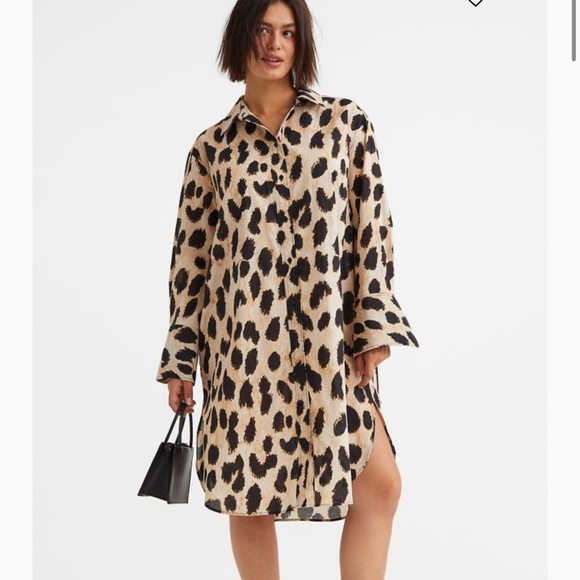 h&m leopard print shirt dress Women's Beige/leopard print Short-Sleeved Shirt Dress